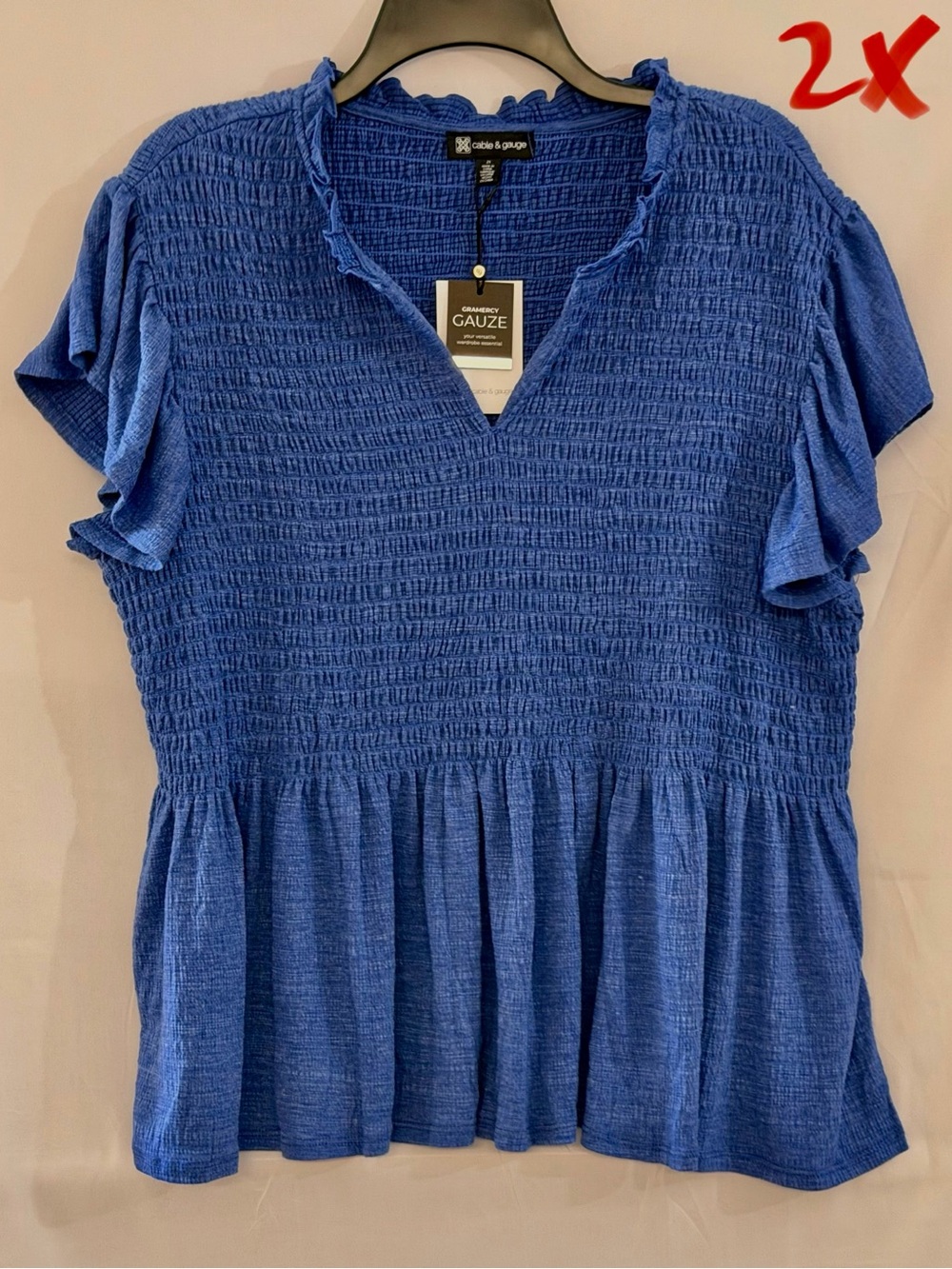 Cable & Gauge Blue Smocked Peplum V-Neck Flutter Sleeve Top